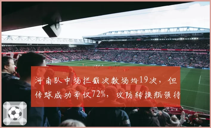 河南队中场拦截次数场均19次，但传球成功率仅72%，攻防转换瓶颈待破